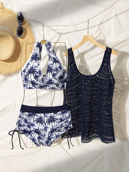 Swim Lushoire Women's 3Pcs Navy Blue Beach Outfit Set,Coconut Tree Print Shorts,Hollow Out Knit Kimono & Cami Tank Top,Casual Summer Holiday Vacation Holiday Style