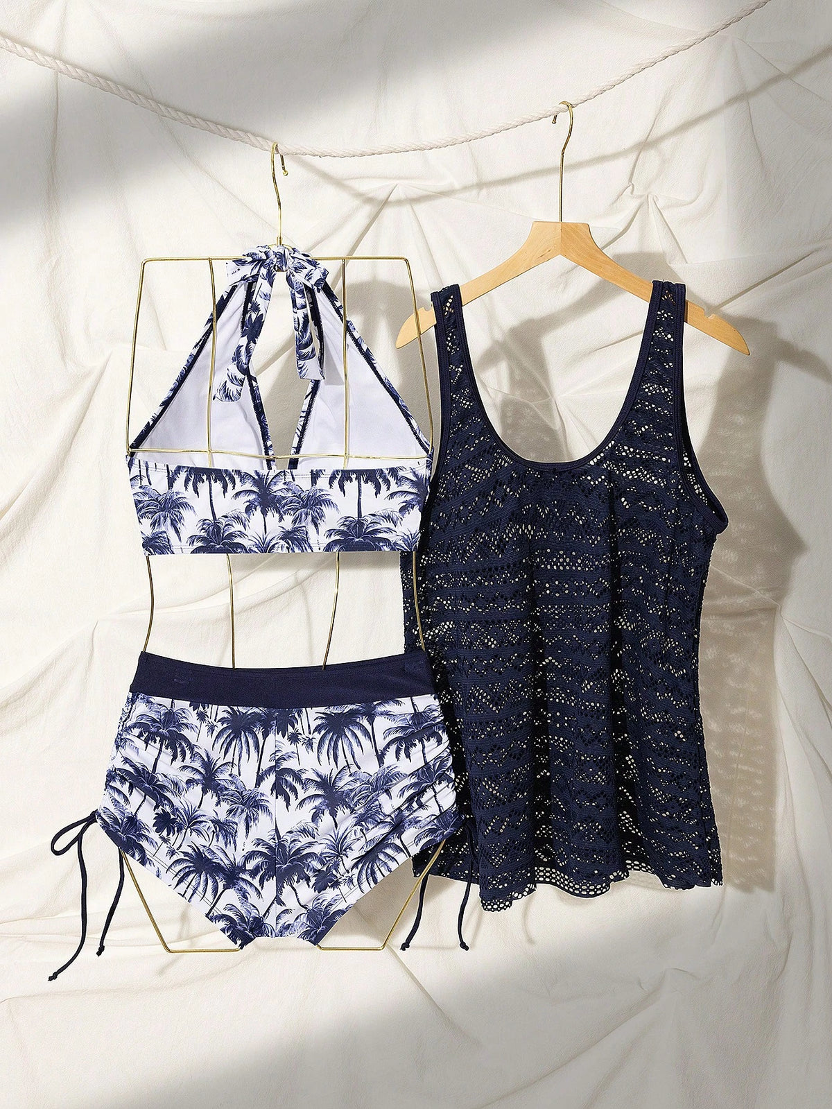 Swim Lushoire Women's 3Pcs Navy Blue Beach Outfit Set,Coconut Tree Print Shorts,Hollow Out Knit Kimono & Cami Tank Top,Casual Summer Holiday Vacation Holiday Style