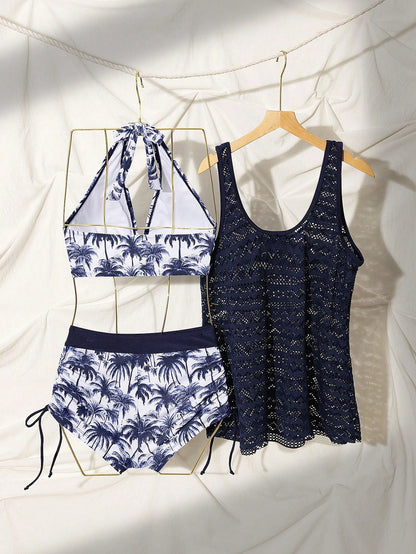 Swim Lushoire Women's 3Pcs Navy Blue Beach Outfit Set,Coconut Tree Print Shorts,Hollow Out Knit Kimono & Cami Tank Top,Casual Summer Holiday Vacation Holiday Style