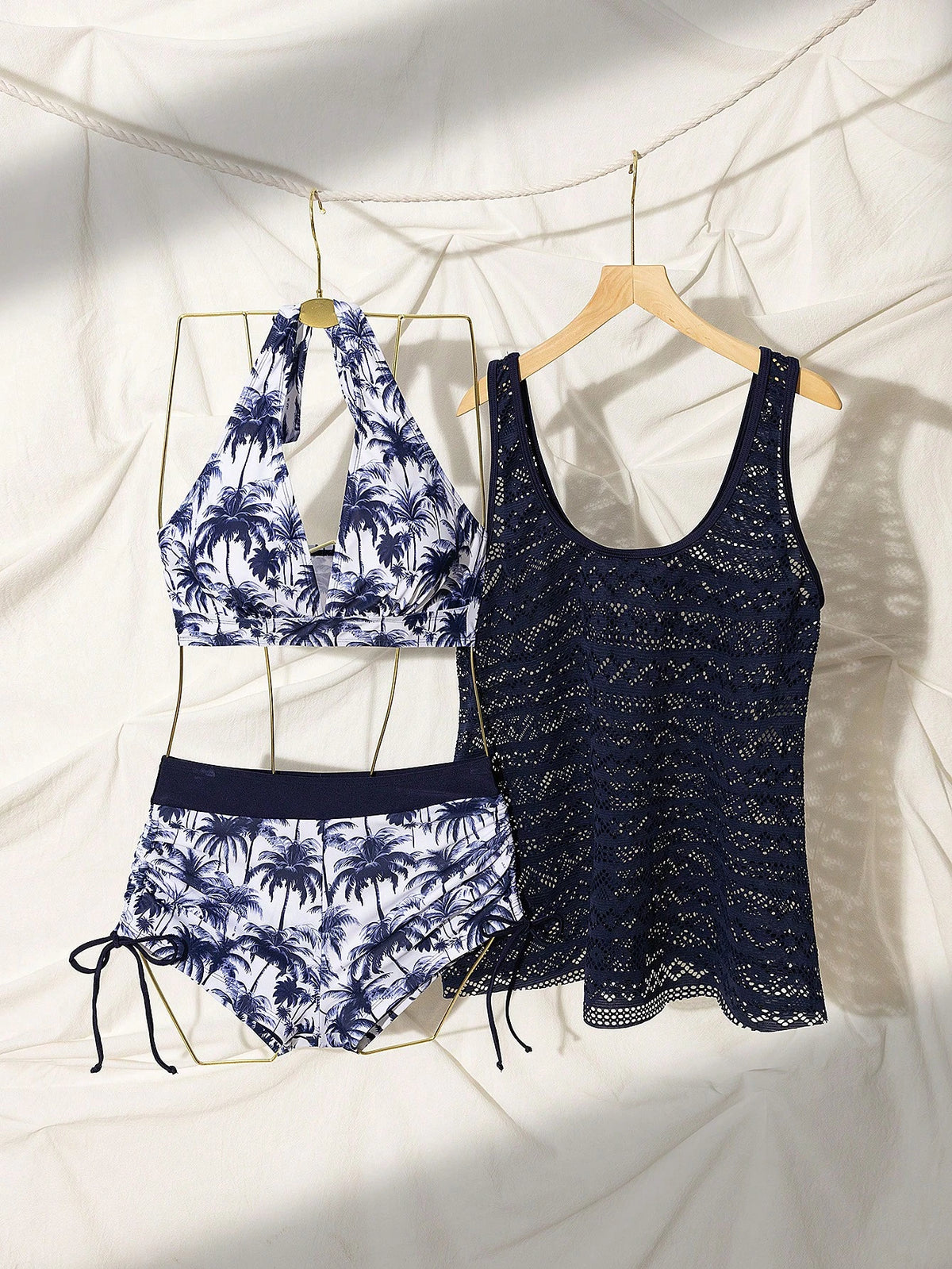 Swim Lushoire Women's 3Pcs Navy Blue Beach Outfit Set,Coconut Tree Print Shorts,Hollow Out Knit Kimono & Cami Tank Top,Casual Summer Holiday Vacation Holiday Style