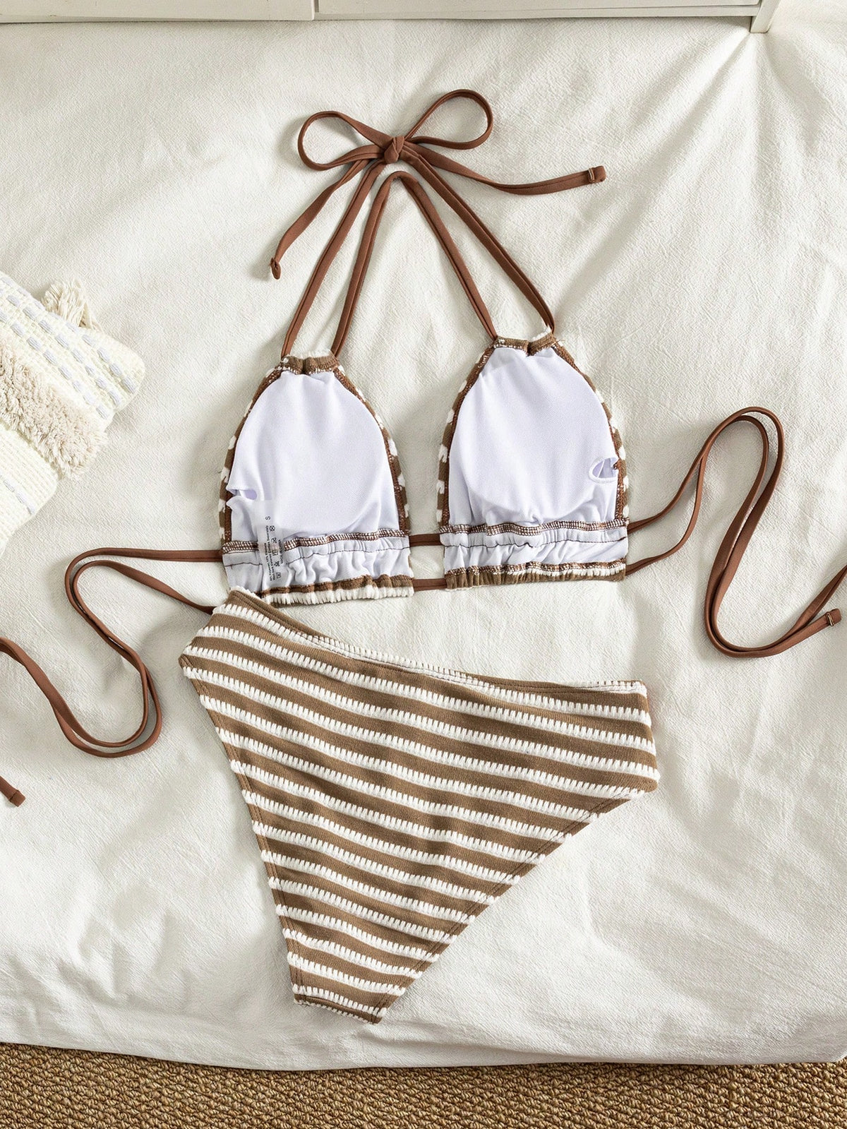 Swim Lushoire Women's Beach Outfit Set With Random Striped Print, Tie-Up Underbust Ruched Detail, Elegant Swimwear