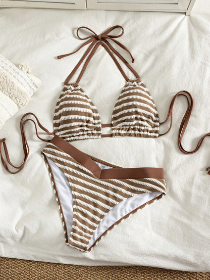 Swim Lushoire Women's Beach Outfit Set With Random Striped Print, Tie-Up Underbust Ruched Detail, Elegant Swimwear
