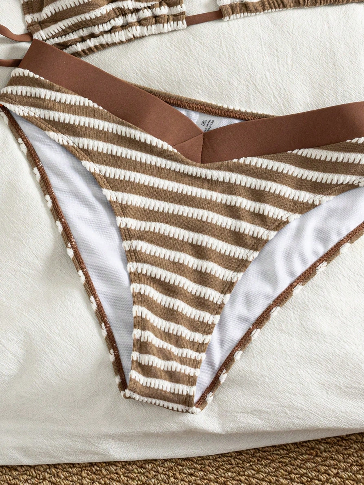 Swim Lushoire Women's Beach Outfit Set With Random Striped Print, Tie-Up Underbust Ruched Detail, Elegant Swimwear