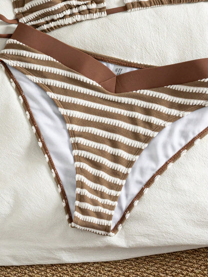 Swim Lushoire Women's Beach Outfit Set With Random Striped Print, Tie-Up Underbust Ruched Detail, Elegant Swimwear