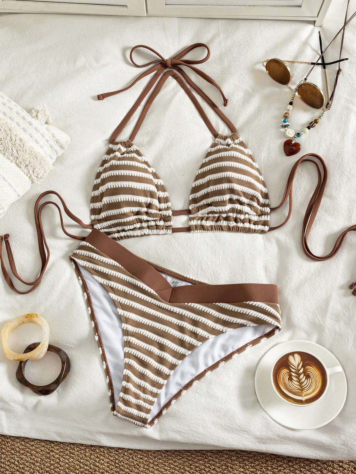 Swim Lushoire Women's Beach Outfit Set With Random Striped Print, Tie-Up Underbust Ruched Detail, Elegant Swimwear