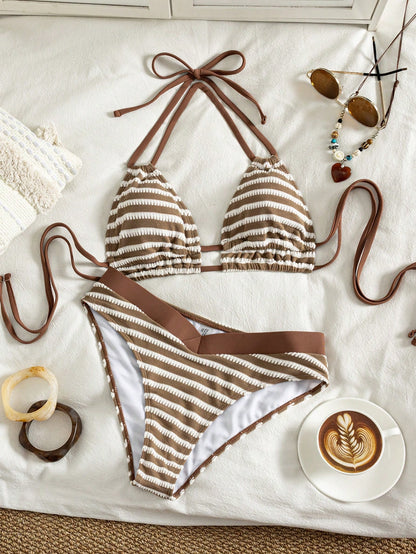 Swim Lushoire Women's Beach Outfit Set With Random Striped Print, Tie-Up Underbust Ruched Detail, Elegant Swimwear