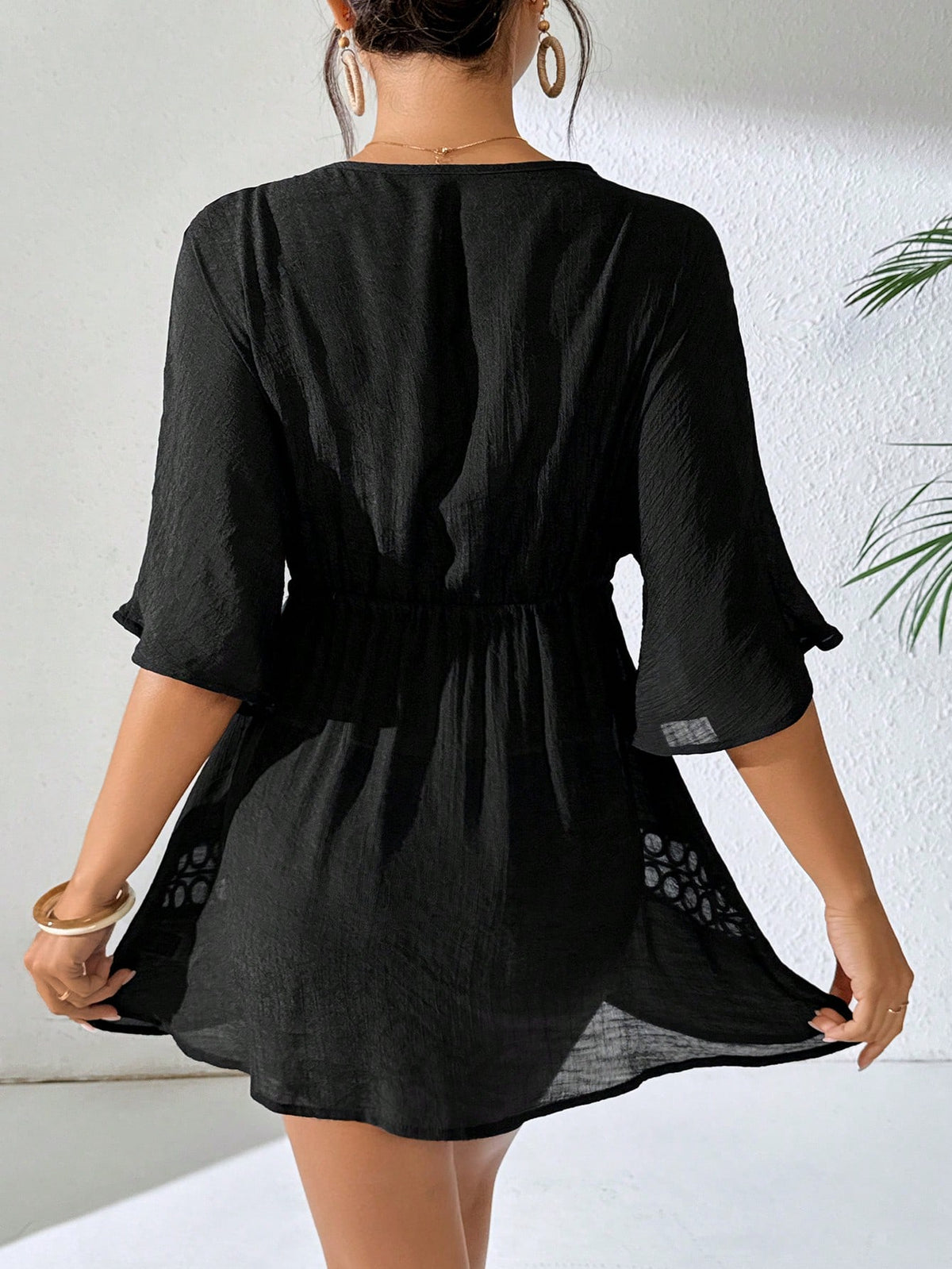 Swim Lushoire Women's Black Deep V-Neck Casual Cover Up For Spring & Summer
