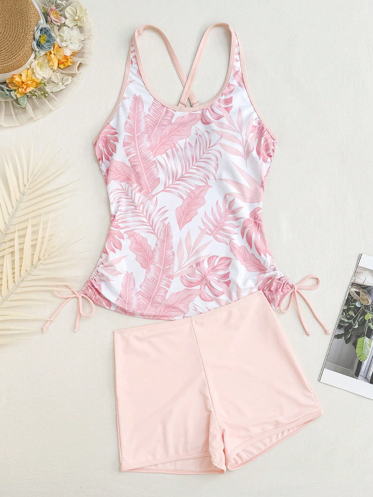 Swim Lushoire Women's New Summer Beach Outfit, Sleeveless Round Neck Contrast Trim Drawstring Side Bikini Set With Black Casual Vacation Shorts