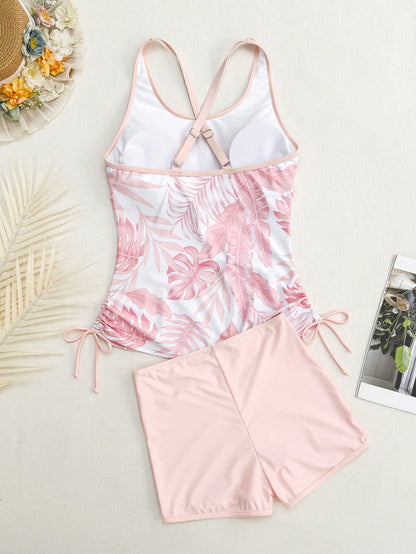 Swim Lushoire Women's New Summer Beach Outfit, Sleeveless Round Neck Contrast Trim Drawstring Side Bikini Set With Black Casual Vacation Shorts