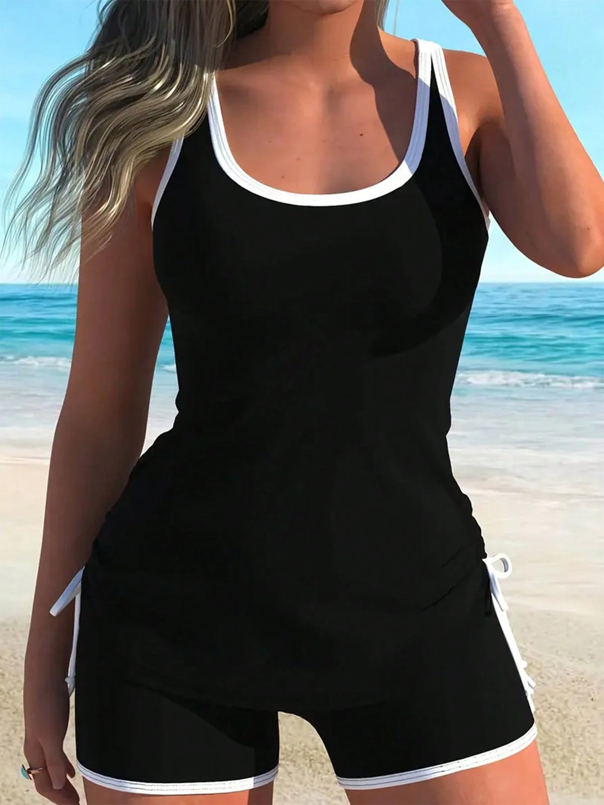Swim Lushoire Women's New Summer Beach Outfit, Sleeveless Round Neck Contrast Trim Drawstring Side Bikini Set With Black Casual Vacation Shorts