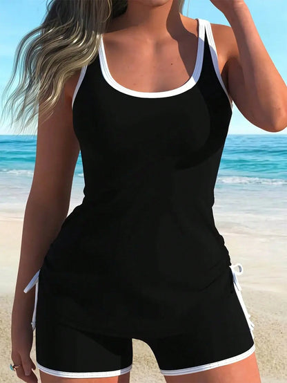 Swim Lushoire Women's New Summer Beach Outfit, Sleeveless Round Neck Contrast Trim Drawstring Side Bikini Set With Black Casual Vacation Shorts
