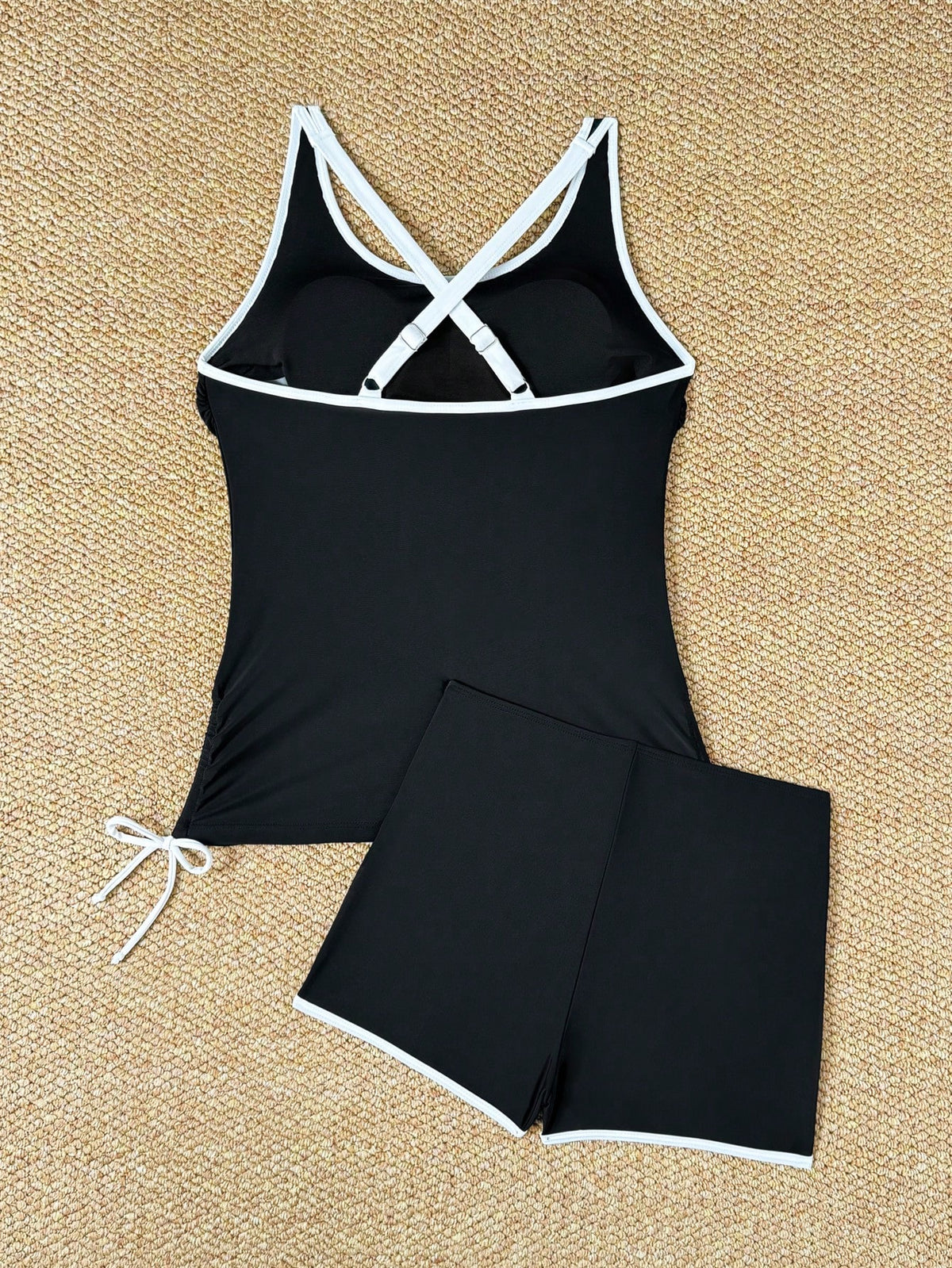 Swim Lushoire Women's New Summer Beach Outfit, Sleeveless Round Neck Contrast Trim Drawstring Side Bikini Set With Black Casual Vacation Shorts