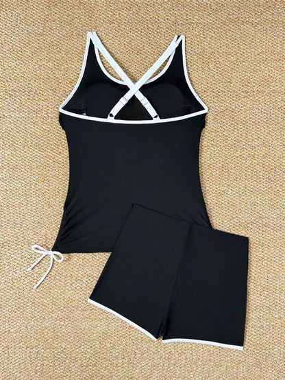 Swim Lushoire Women's New Summer Beach Outfit, Sleeveless Round Neck Contrast Trim Drawstring Side Bikini Set With Black Casual Vacation Shorts