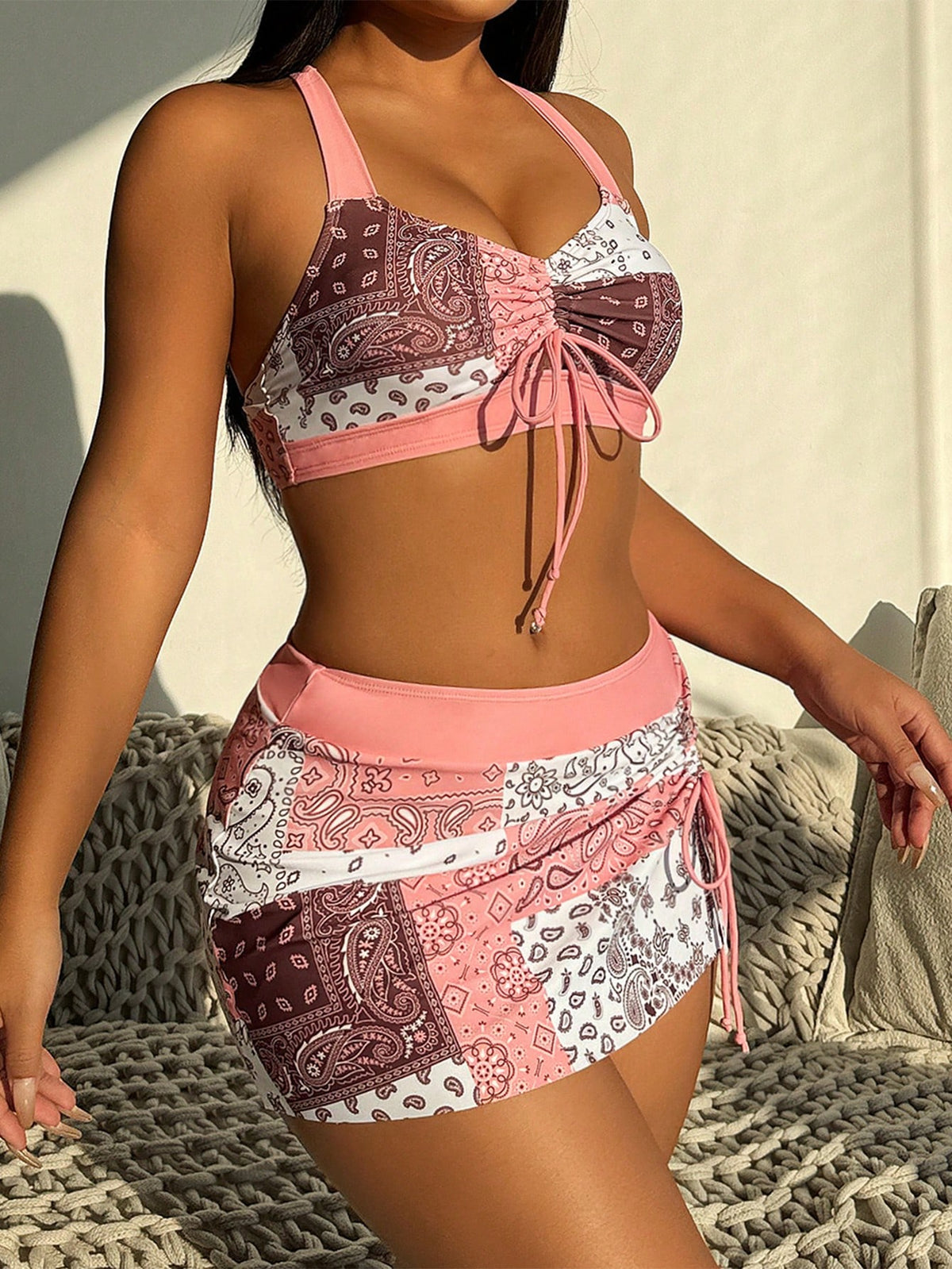 Swim Lushoire Women's Paisley Print Halter Tie Front Sexy Bikini Swimwear Set For Beach Holiday Summer