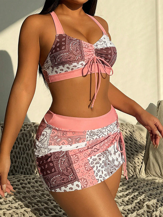Swim Lushoire Women's Paisley Print Halter Tie Front Sexy Bikini Swimwear Set For Beach Holiday Summer