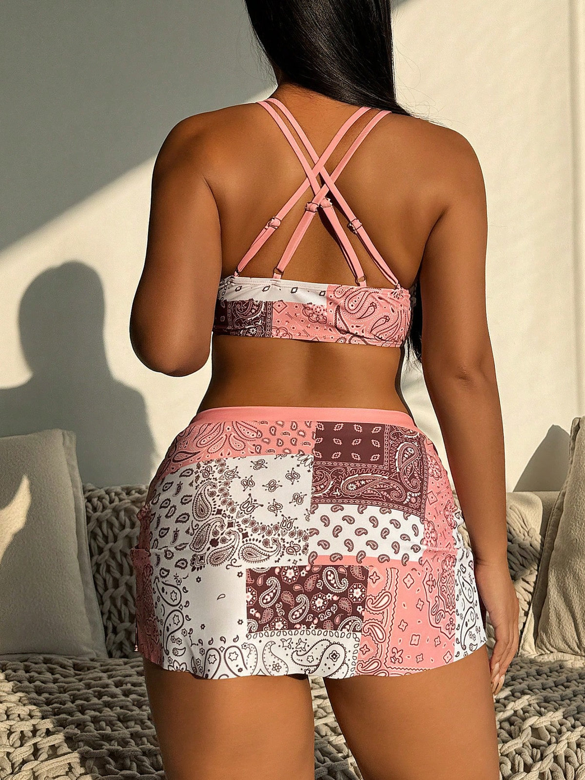 Swim Lushoire Women's Paisley Print Halter Tie Front Sexy Bikini Swimwear Set For Beach Holiday Summer
