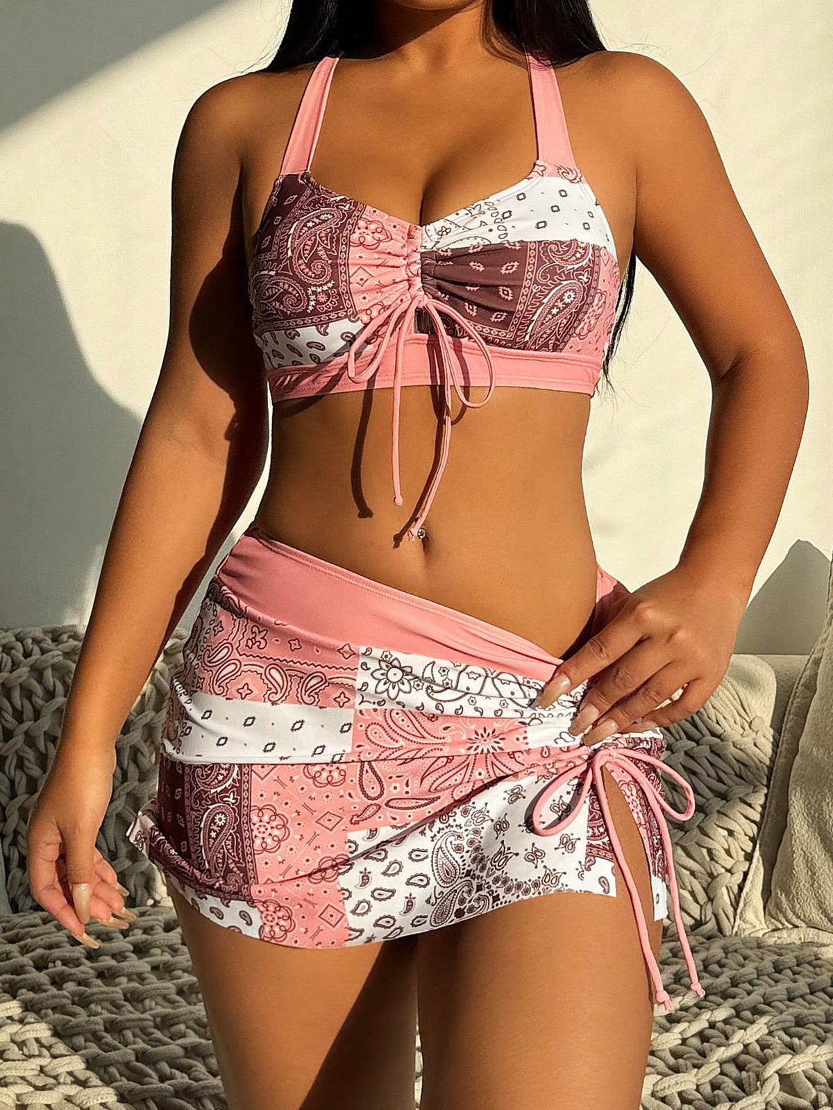 Swim Lushoire Women's Paisley Print Halter Tie Front Sexy Bikini Swimwear Set For Beach Holiday Summer