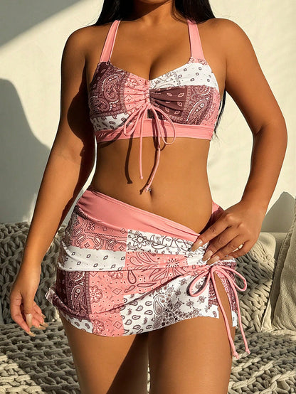 Swim Lushoire Women's Paisley Print Halter Tie Front Sexy Bikini Swimwear Set For Beach Holiday Summer