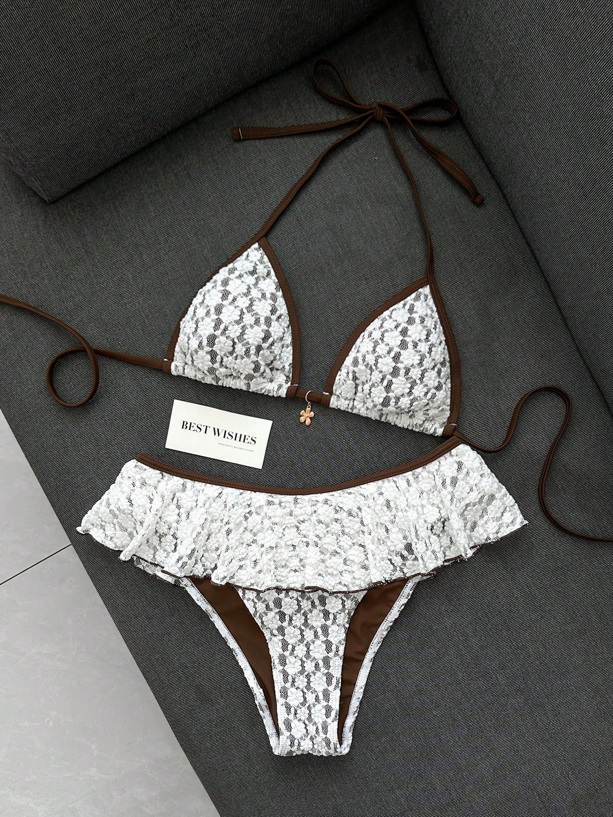 Swim Lushoire Women's Summer Beach Minimalist Elegant Romantic Casual Vacation Sexy Sweet Cute Fashionable Swimsuit Set, White Textured Jacquard Fabric With Brown Contrast Trim, Halter Bikini Triangle