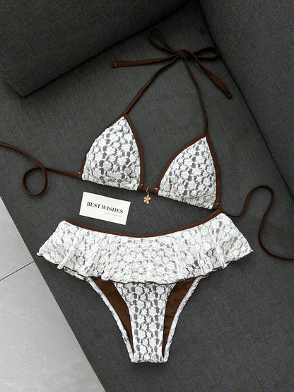 Swim Lushoire Women's Summer Beach Minimalist Elegant Romantic Casual Vacation Sexy Sweet Cute Fashionable Swimsuit Set, White Textured Jacquard Fabric With Brown Contrast Trim, Halter Bikini Triangle