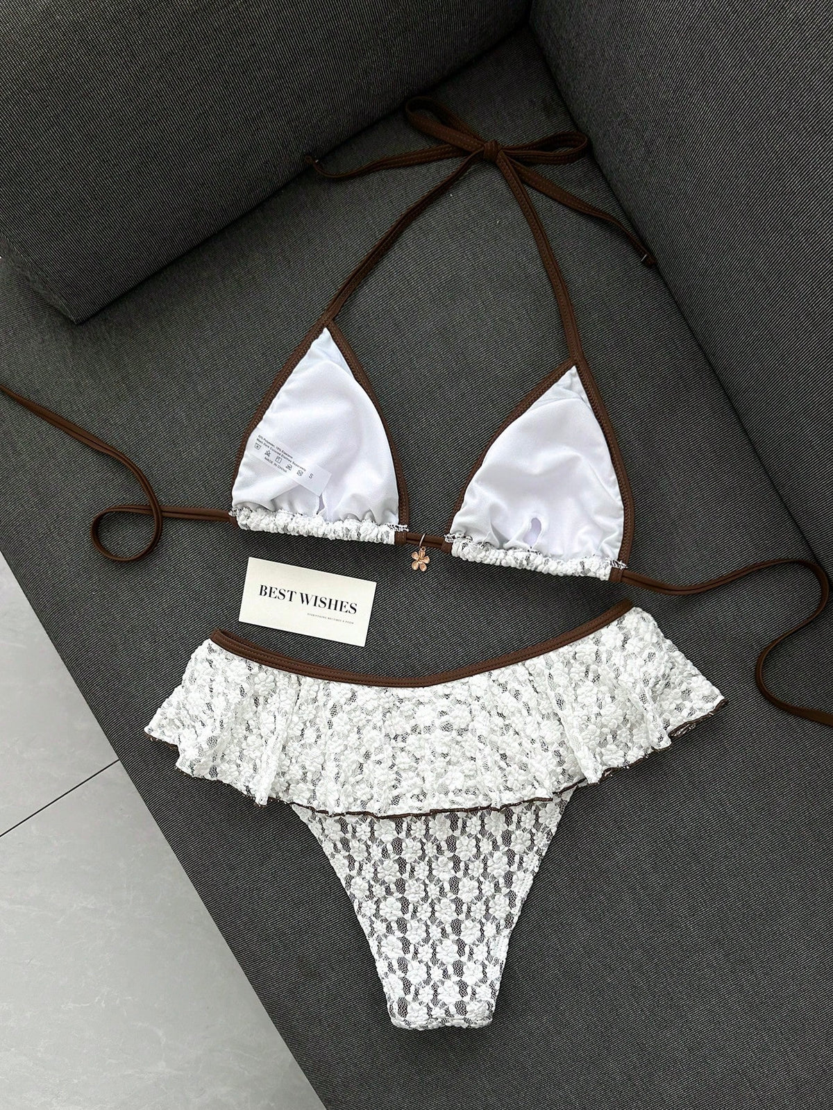 Swim Lushoire Women's Summer Beach Minimalist Elegant Romantic Casual Vacation Sexy Sweet Cute Fashionable Swimsuit Set, White Textured Jacquard Fabric With Brown Contrast Trim, Halter Bikini Triangle