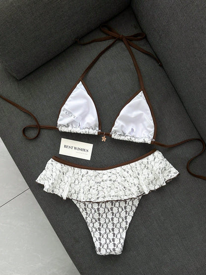 Swim Lushoire Women's Summer Beach Minimalist Elegant Romantic Casual Vacation Sexy Sweet Cute Fashionable Swimsuit Set, White Textured Jacquard Fabric With Brown Contrast Trim, Halter Bikini Triangle