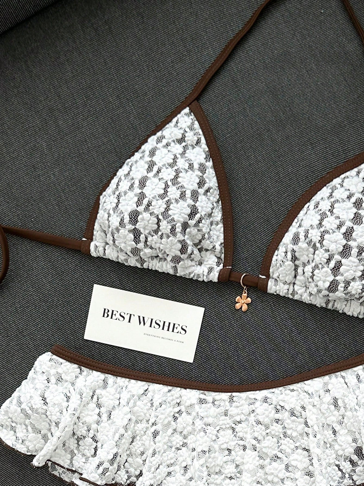 Swim Lushoire Women's Summer Beach Minimalist Elegant Romantic Casual Vacation Sexy Sweet Cute Fashionable Swimsuit Set, White Textured Jacquard Fabric With Brown Contrast Trim, Halter Bikini Triangle