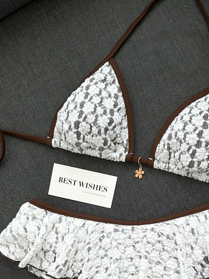 Swim Lushoire Women's Summer Beach Minimalist Elegant Romantic Casual Vacation Sexy Sweet Cute Fashionable Swimsuit Set, White Textured Jacquard Fabric With Brown Contrast Trim, Halter Bikini Triangle