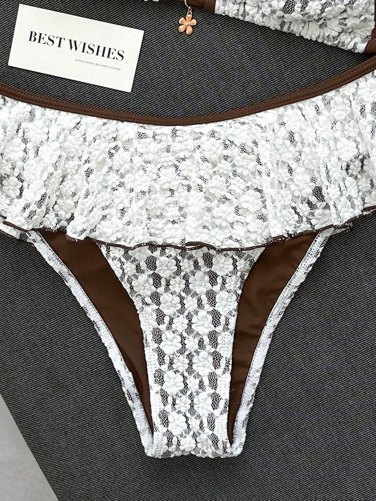 Swim Lushoire Women's Summer Beach Minimalist Elegant Romantic Casual Vacation Sexy Sweet Cute Fashionable Swimsuit Set, White Textured Jacquard Fabric With Brown Contrast Trim, Halter Bikini Triangle