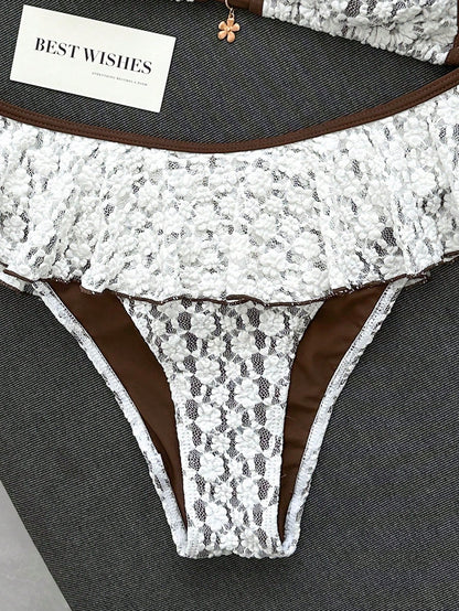 Swim Lushoire Women's Summer Beach Minimalist Elegant Romantic Casual Vacation Sexy Sweet Cute Fashionable Swimsuit Set, White Textured Jacquard Fabric With Brown Contrast Trim, Halter Bikini Triangle