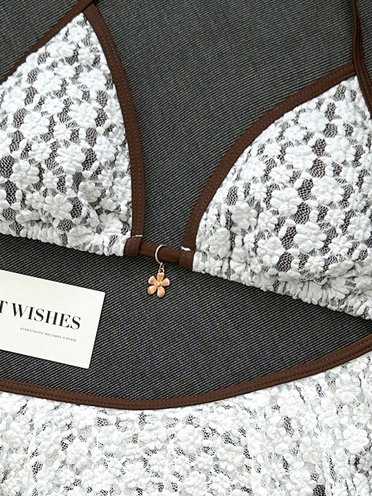 Swim Lushoire Women's Summer Beach Minimalist Elegant Romantic Casual Vacation Sexy Sweet Cute Fashionable Swimsuit Set, White Textured Jacquard Fabric With Brown Contrast Trim, Halter Bikini Triangle