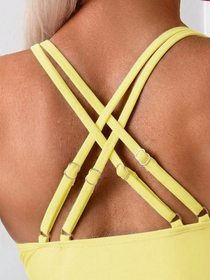 Swim Lushoire Women's Tropical Pattern Elegant Yellow Tankini Swimwear Set Spaghetti Strap Tummy Control Bathing Suit For Summer,Casual Holiday,Pool Party,Vacation