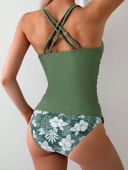 Swim Lushoire Women's Tropical Pattern Elegant Yellow Tankini Swimwear Set Spaghetti Strap Tummy Control Bathing Suit For Summer,Casual Holiday,Pool Party,Vacation