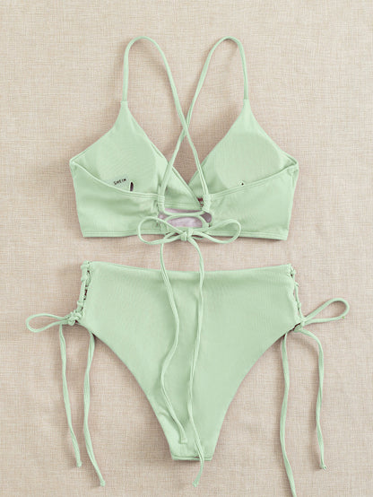 Swim Mod 2026 Spring/Summer 2pcs Set, Women Light Green Beach Outfit, Deep V-Neck Backless Ruched Wireless Swimsuit, Casual Summer Beach Swimwear