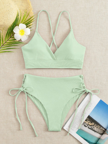 Swim Mod 2026 Spring/Summer 2pcs Set, Women Light Green Beach Outfit, Deep V-Neck Backless Ruched Wireless Swimsuit, Casual Summer Beach Swimwear