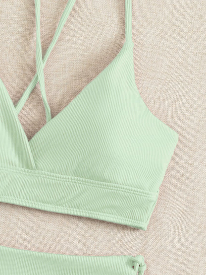 Swim Mod 2026 Spring/Summer 2pcs Set, Women Light Green Beach Outfit, Deep V-Neck Backless Ruched Wireless Swimsuit, Casual Summer Beach Swimwear