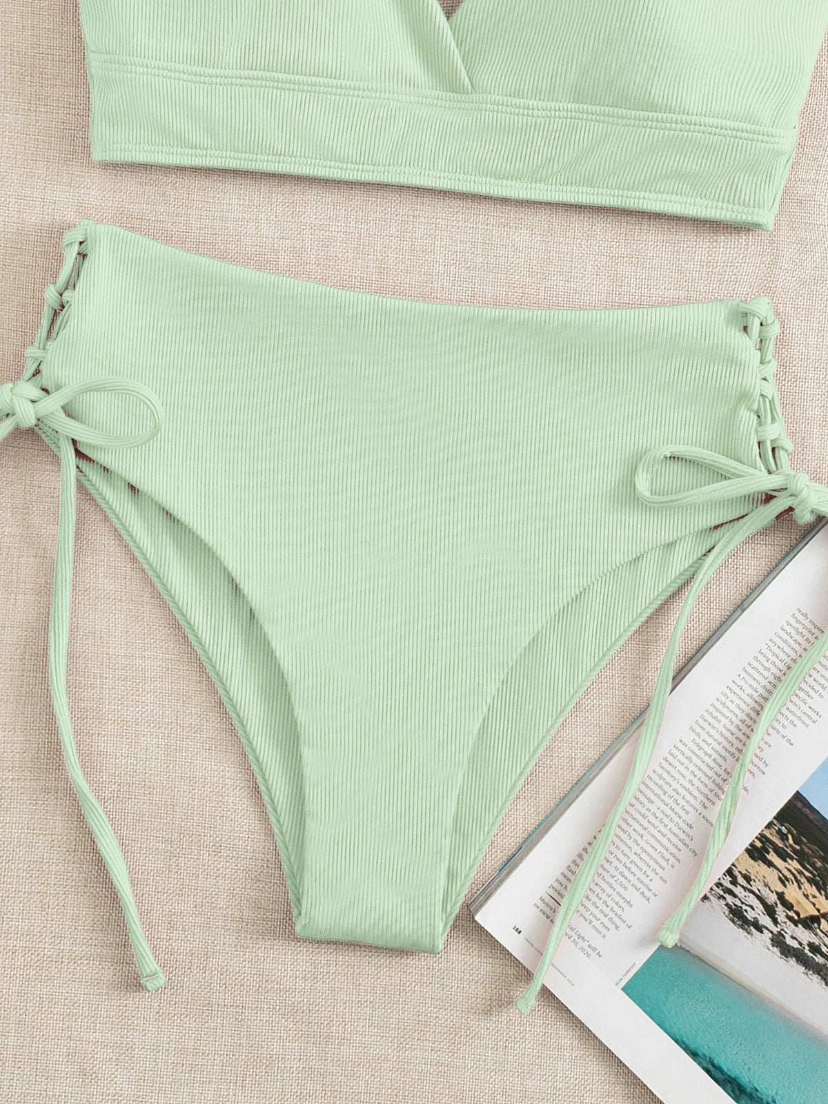 Swim Mod 2026 Spring/Summer 2pcs Set, Women Light Green Beach Outfit, Deep V-Neck Backless Ruched Wireless Swimsuit, Casual Summer Beach Swimwear