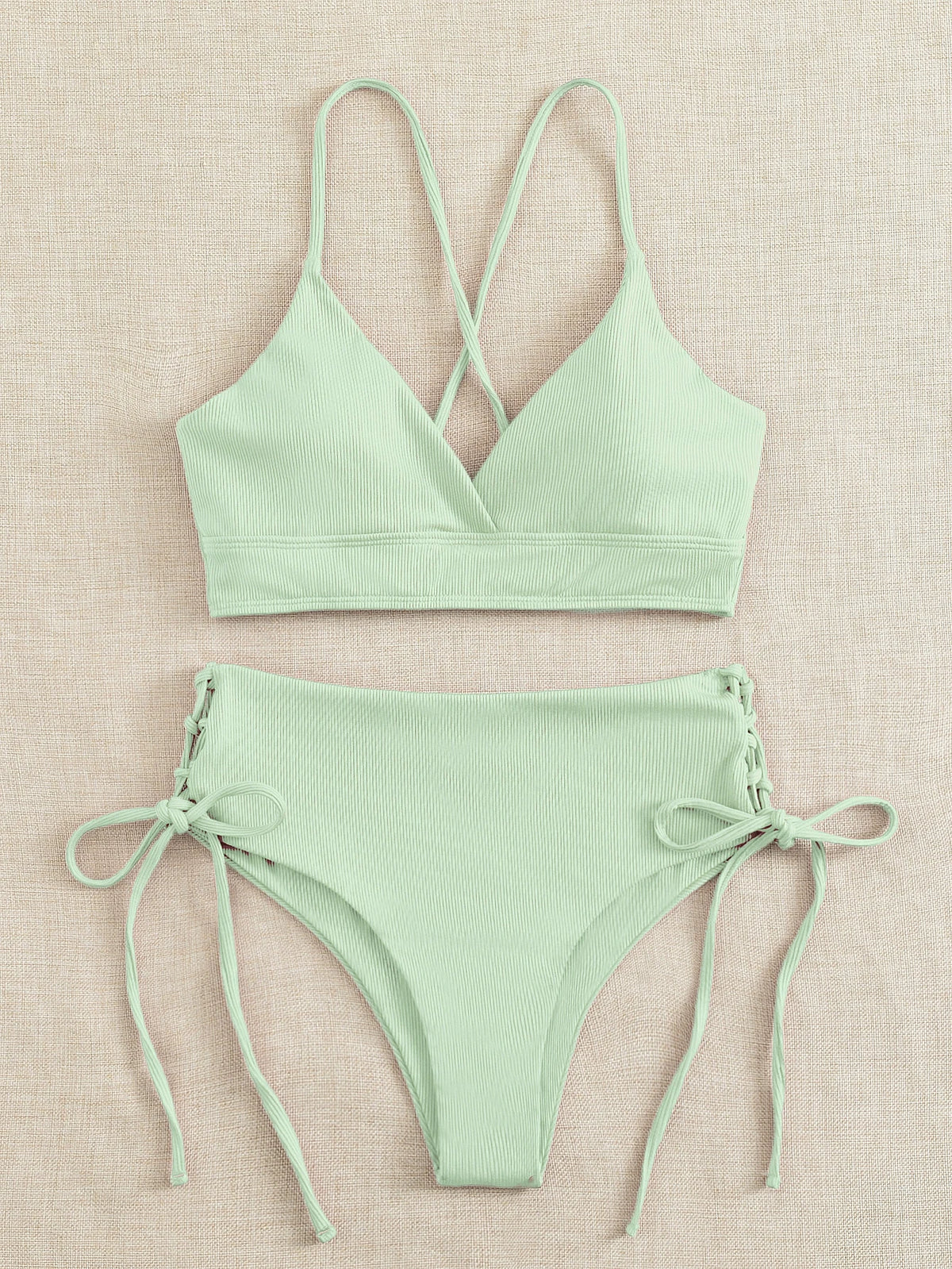 Swim Mod 2026 Spring/Summer 2pcs Set, Women Light Green Beach Outfit, Deep V-Neck Backless Ruched Wireless Swimsuit, Casual Summer Beach Swimwear