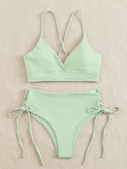 Swim Mod 2026 Spring/Summer 2pcs Set, Women Light Green Beach Outfit, Deep V-Neck Backless Ruched Wireless Swimsuit, Casual Summer Beach Swimwear