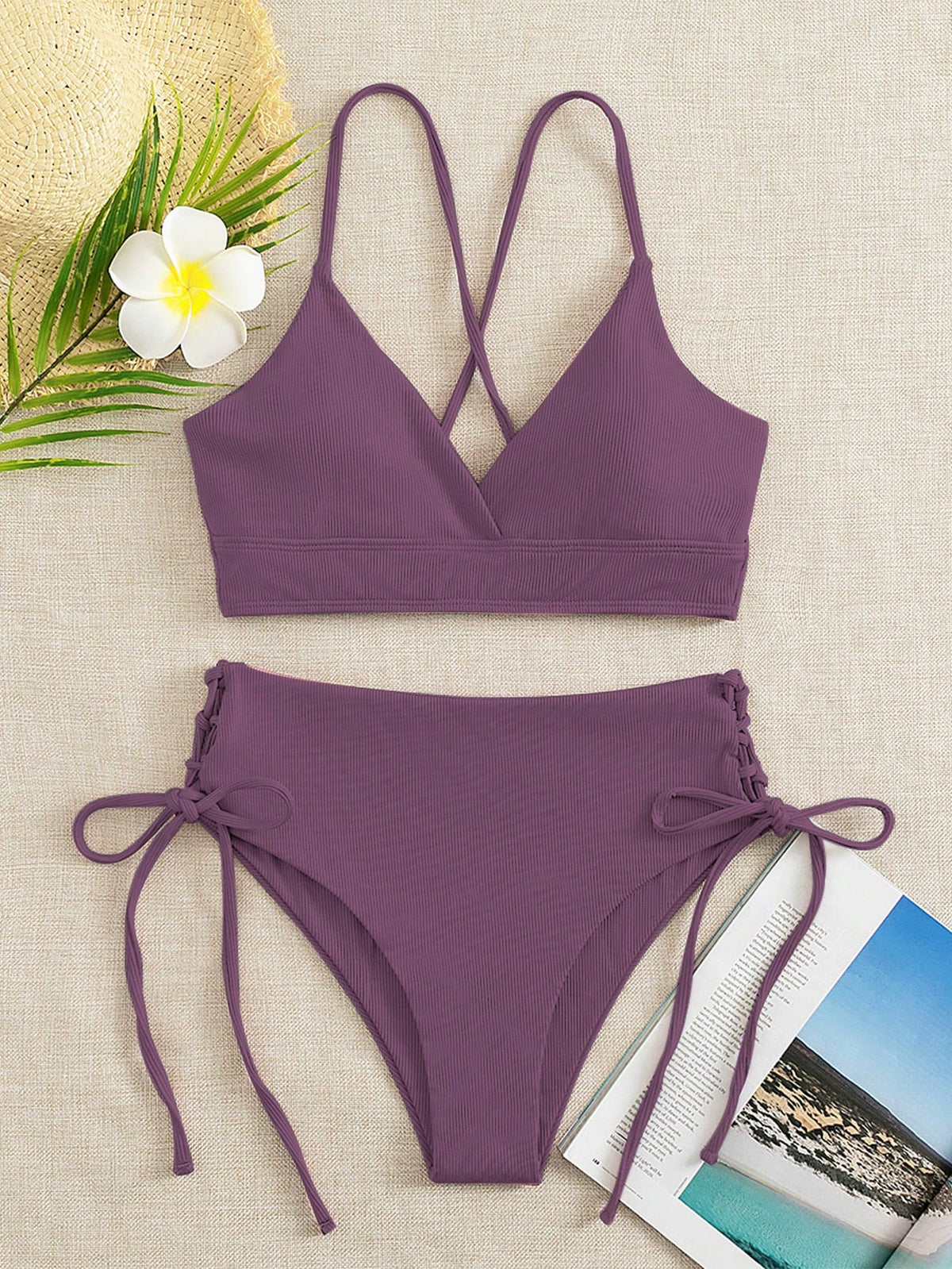 Swim Mod 2026 Spring/Summer 2pcs Set, Women Light Green Beach Outfit, Deep V-Neck Backless Ruched Wireless Swimsuit, Casual Summer Beach Swimwear