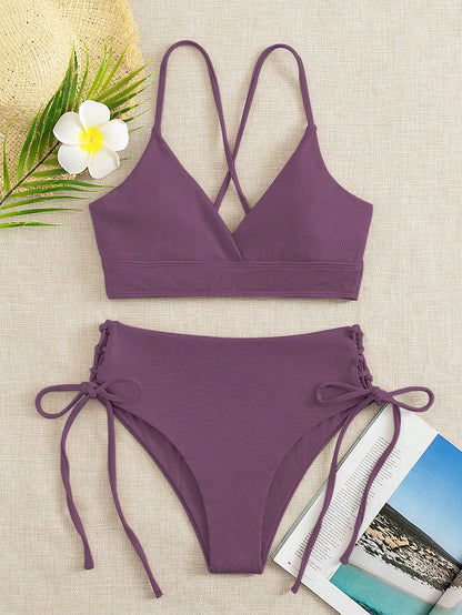 Swim Mod 2026 Spring/Summer 2pcs Set, Women Light Green Beach Outfit, Deep V-Neck Backless Ruched Wireless Swimsuit, Casual Summer Beach Swimwear