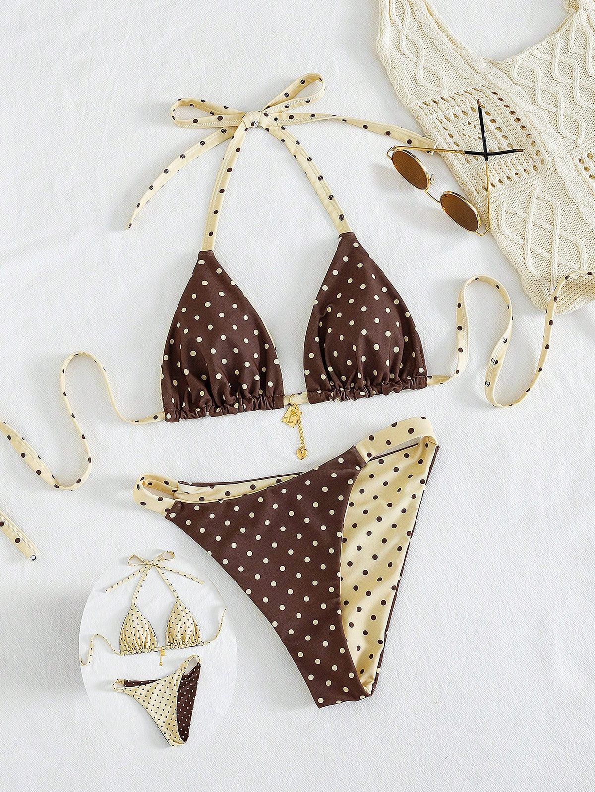 Swim Mod Plus Size 2-Piece Polka Dot Reversible Bikini Set,1920s Flapper Style Sweet Spaghetti Strap Women Swimwear For Summer,Beach,Holiday Vacation