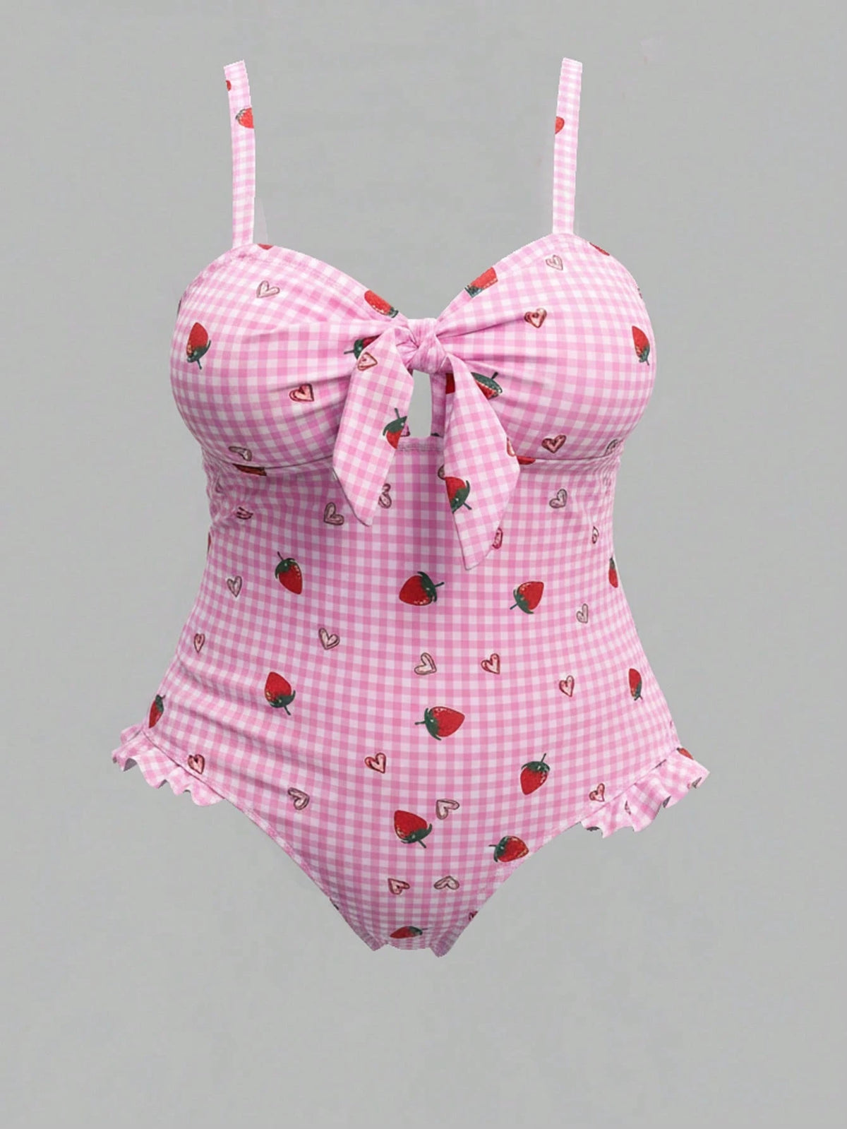 Swim Mod Plus Size Women 1-Piece Swimsuit With Blue Plaid, Heart & Strawberry Print, Flounce Hem, Cute & Sweet Style For Summer Beach Vacation