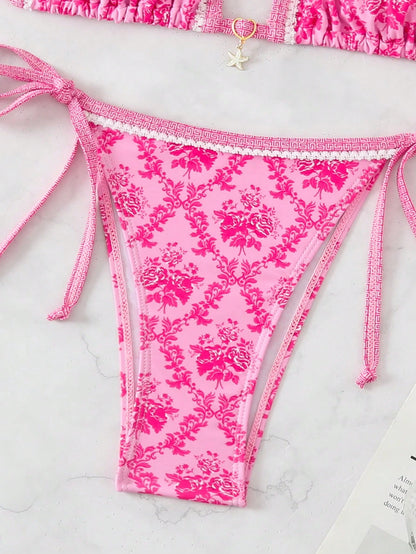 Swim Mod Random Print Women's Summer Holiday Beachwear Halter Neck Bikini Set