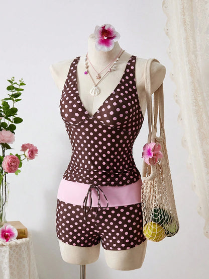 Swim Mod Retro Polka Dot Women's Tankini Two Pieces Swimwear, Slimming & Flattering, Suitable For Spa, Resort