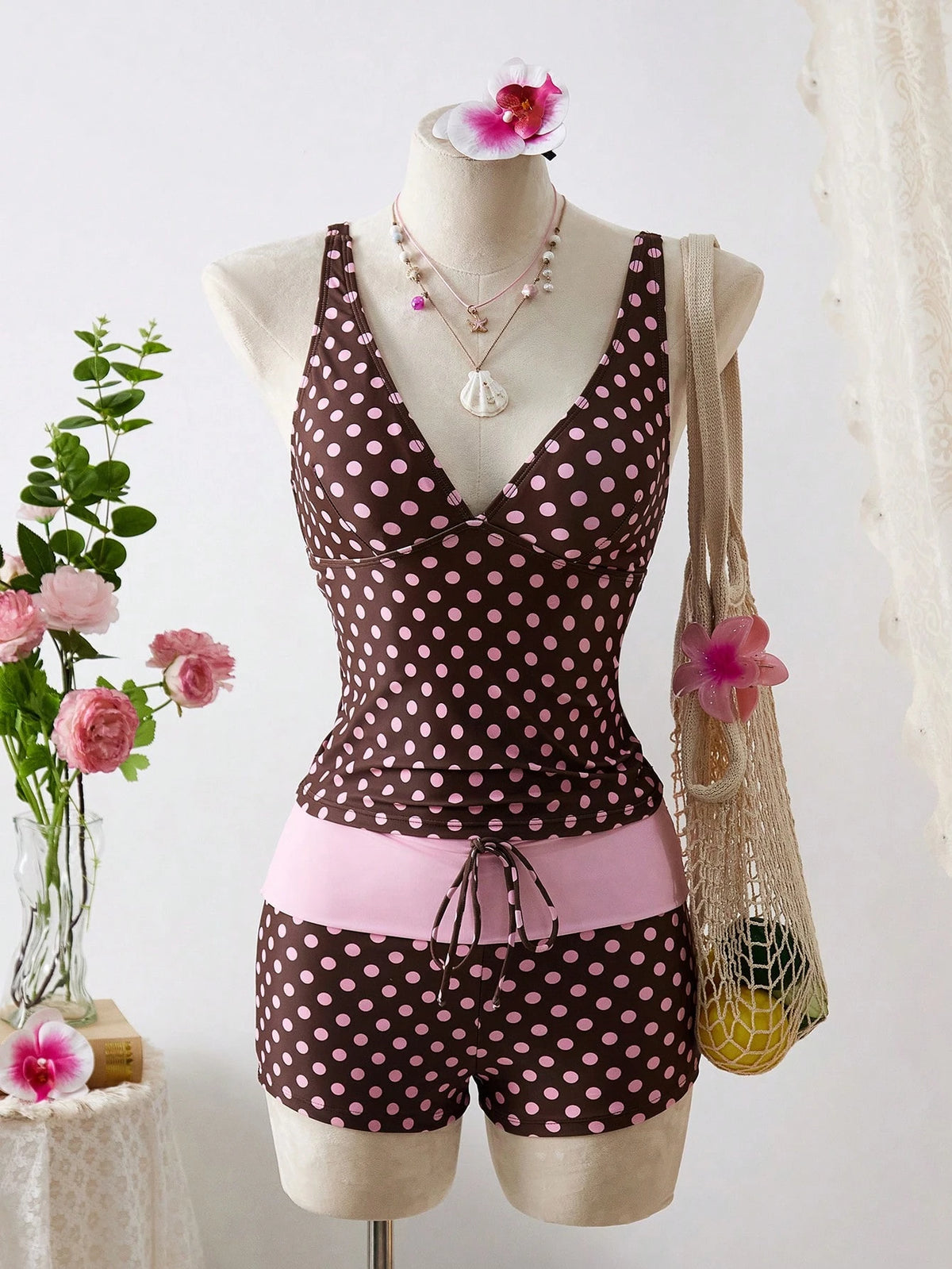 Swim Mod Retro Polka Dot Women's Tankini Two Pieces Swimwear, Slimming & Flattering, Suitable For Spa, Resort