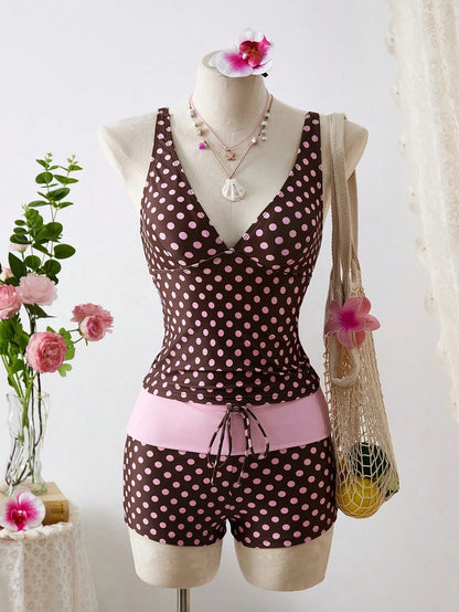 Swim Mod Retro Polka Dot Women's Tankini Two Pieces Swimwear, Slimming & Flattering, Suitable For Spa, Resort