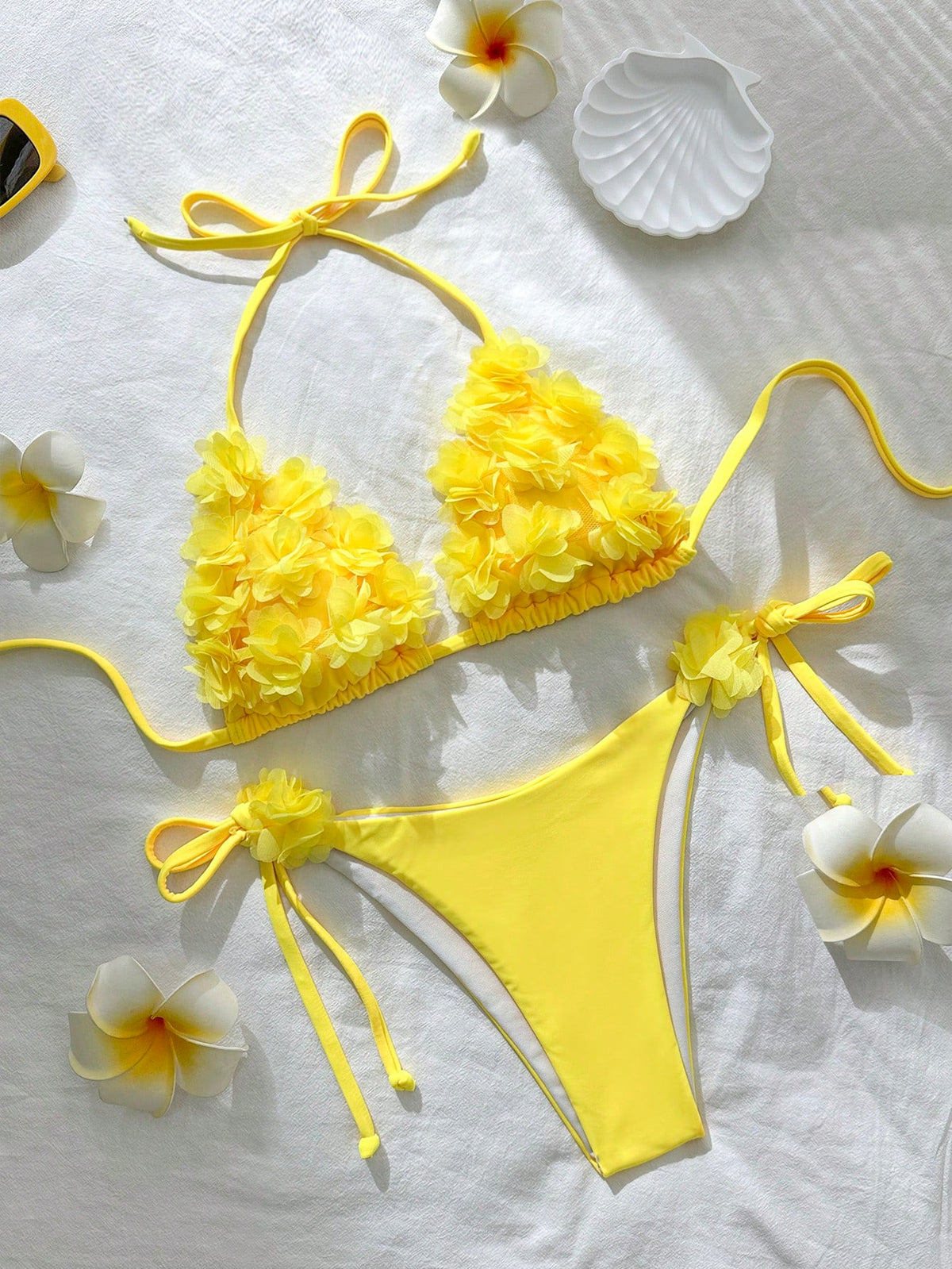 Swim Mod Solid Color Patch Halter Knotted Bikini Swimsuit For Summer Beach Vacation