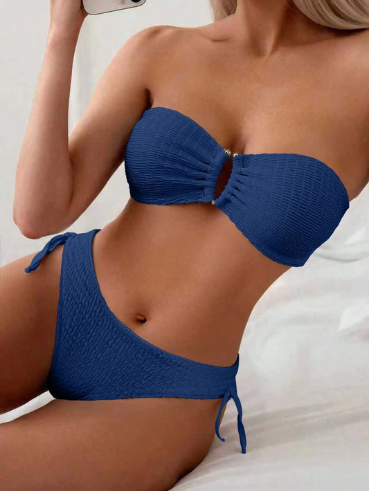 Swim Mod Solid Color Tankini Swimwear For Vacation & Beach Navy Blue Bikini Set Tie Bikini Set Bandeau Bikini Set Textured Bikini