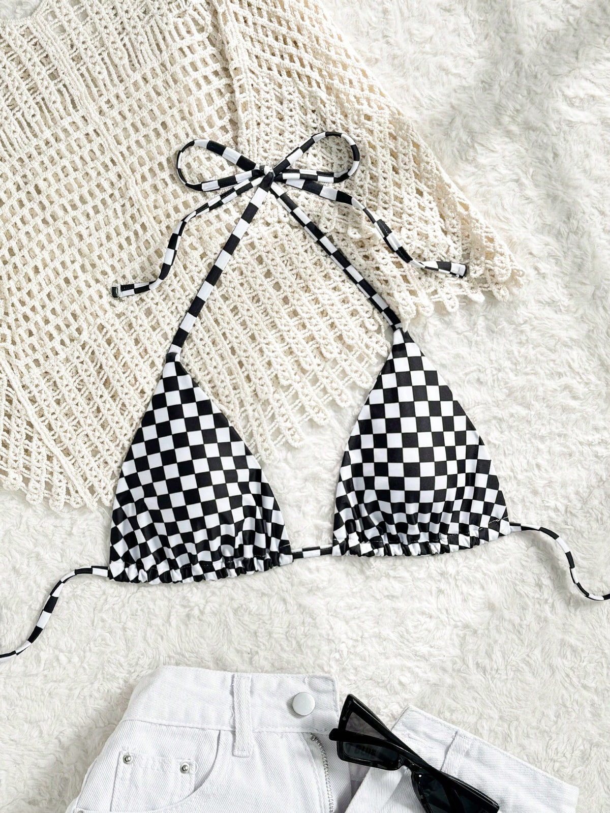 Swim Mod Springbreak Women's Black And White Striped Chessboard Halter Strap Bikini Top,Summer Casual Beach Party Holiday Swimwear For Spa Vacation